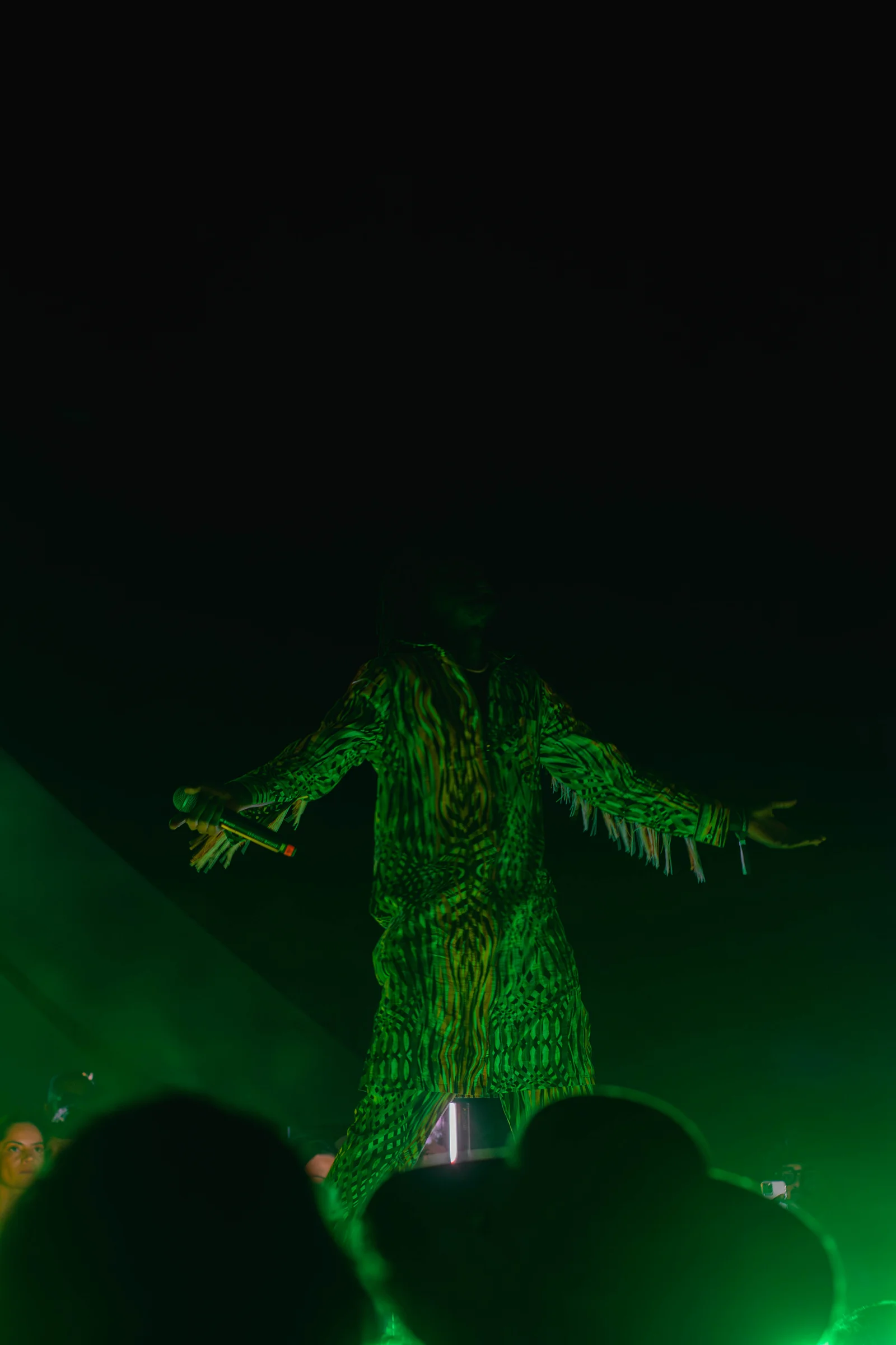 Artista em apresentação sobre o palco do evento EP, com iluminação verde.
